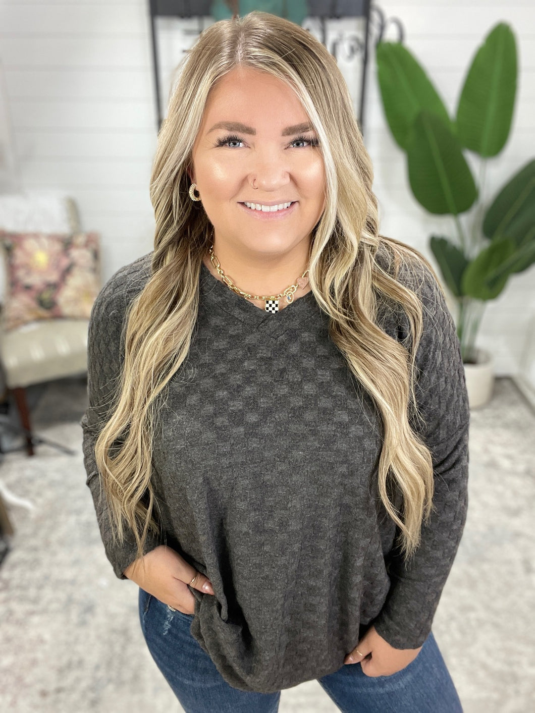 Checkered Long Sleeve V-Neck T-Shirt