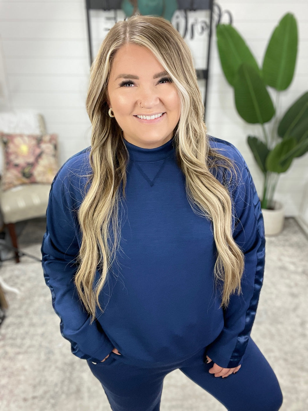 Lysa Satin Stripe Pullover in Smoky Navy