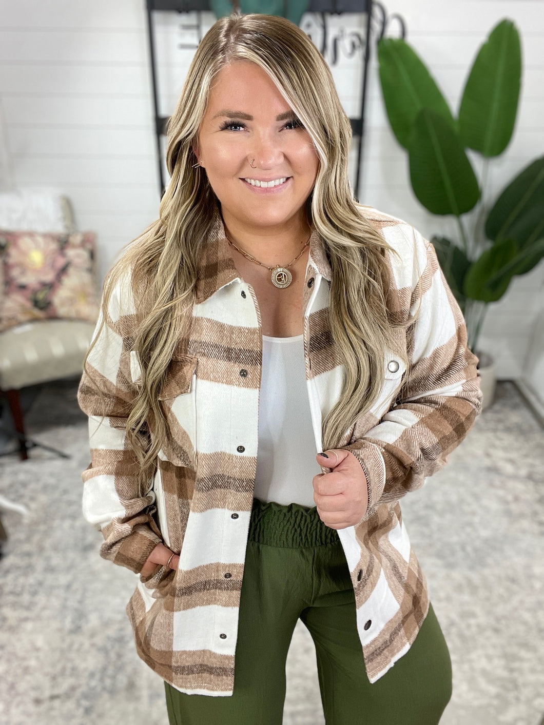 Norah Plaid Shacket in Neutral Tones