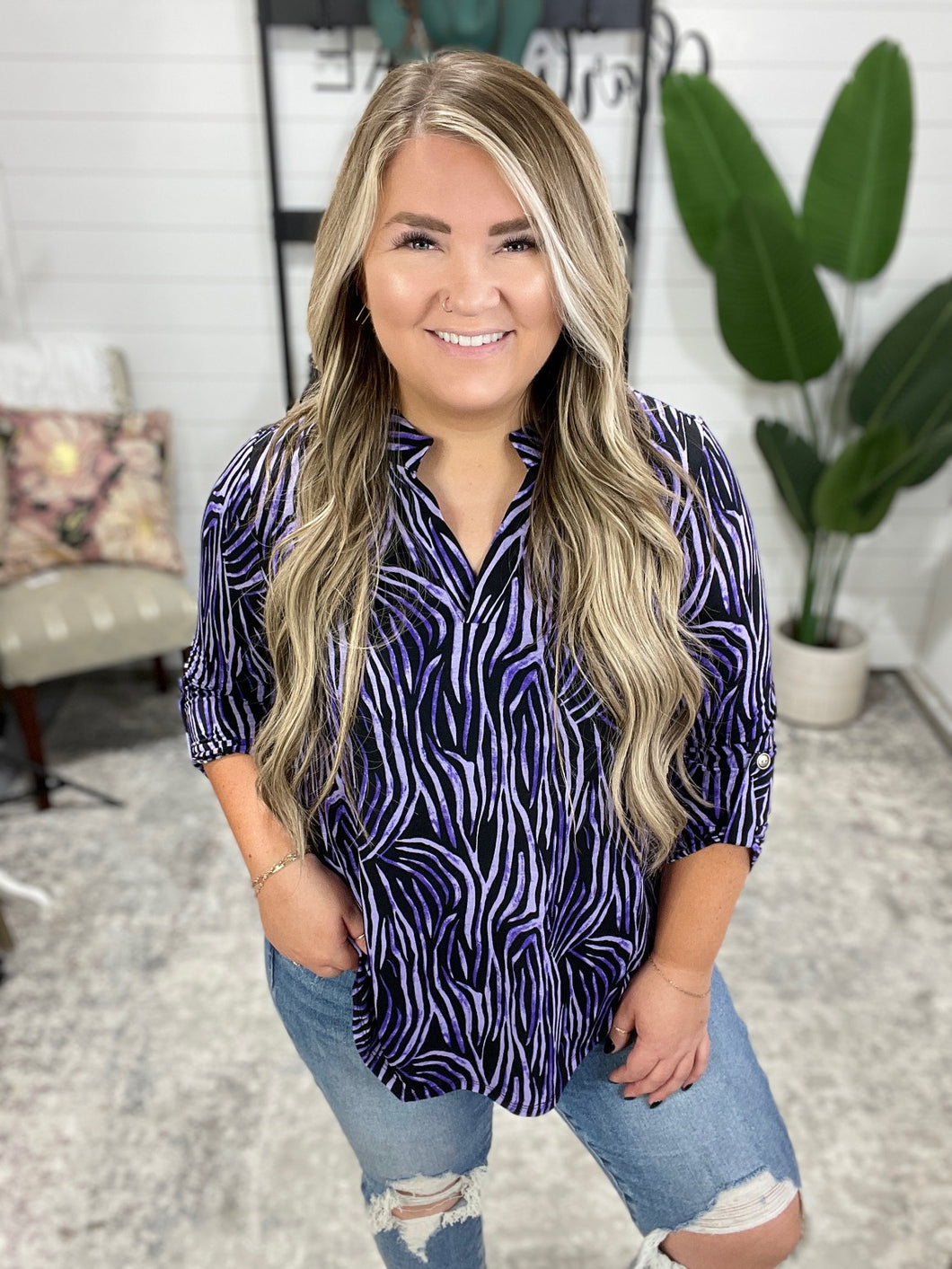 Lizzy Top in Violet and Black Multi Stroke