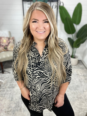 Lizzy Top in Black and Taupe Animal Print