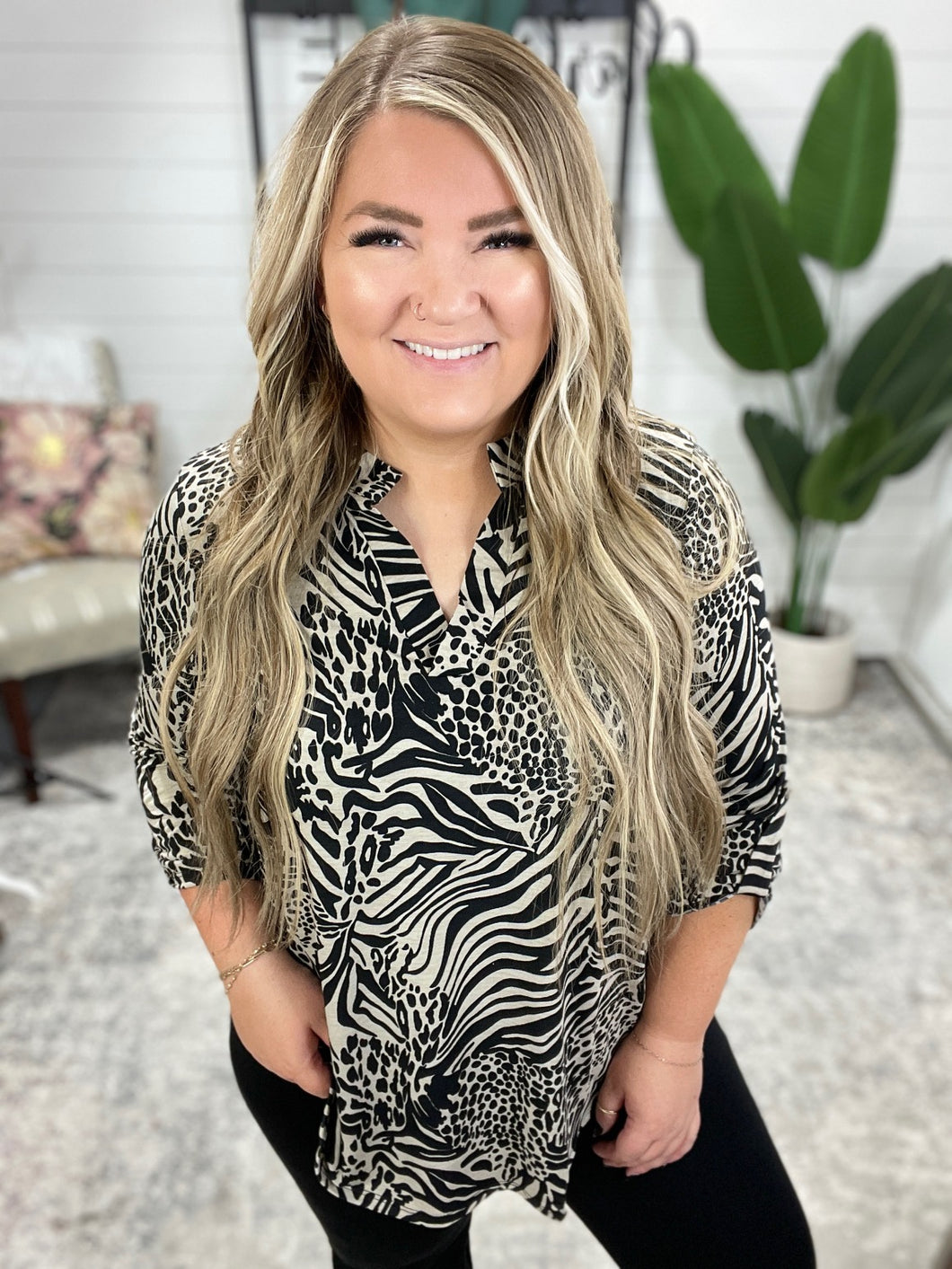 Lizzy Top in Black and Taupe Animal Print