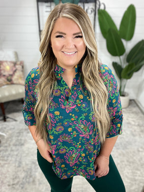 Lizzy Top in Teal and Purple Floral Paisley