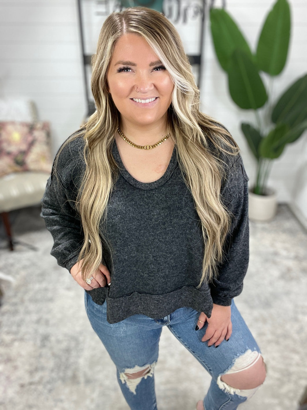 Leave It To Chance Hooded Scoop Neck Pullover in Black