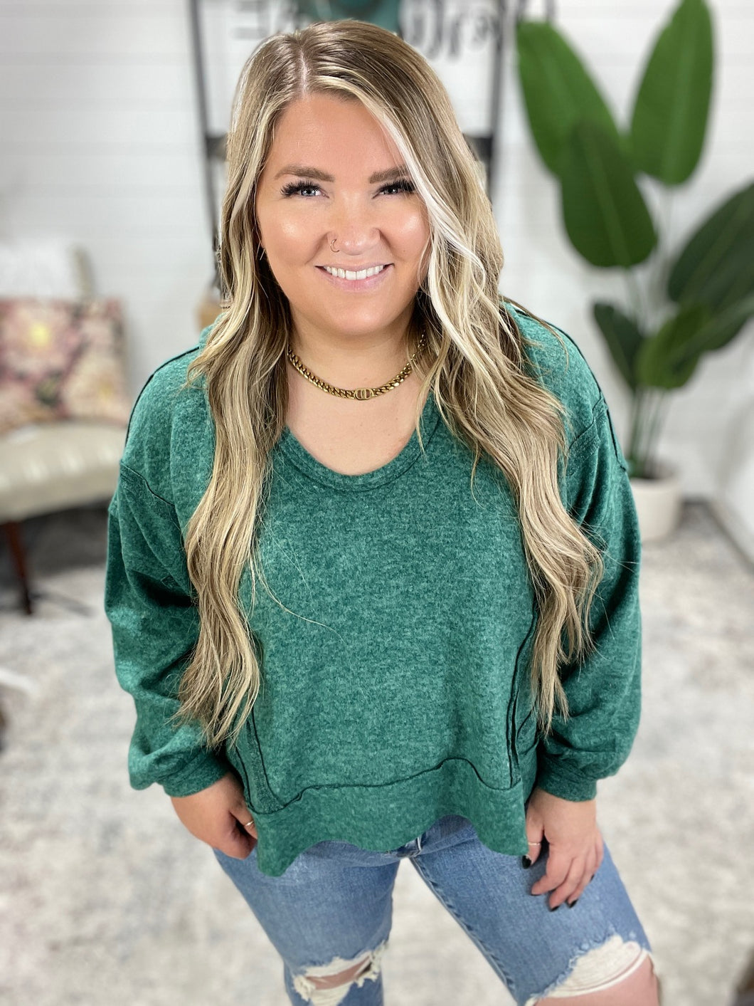 Leave It To Chance Hooded Scoop Neck Pullover in Dark Green