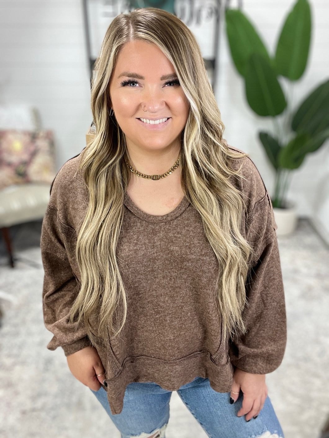 Leave It To Chance Hooded Scoop Neck Pullover in Brown