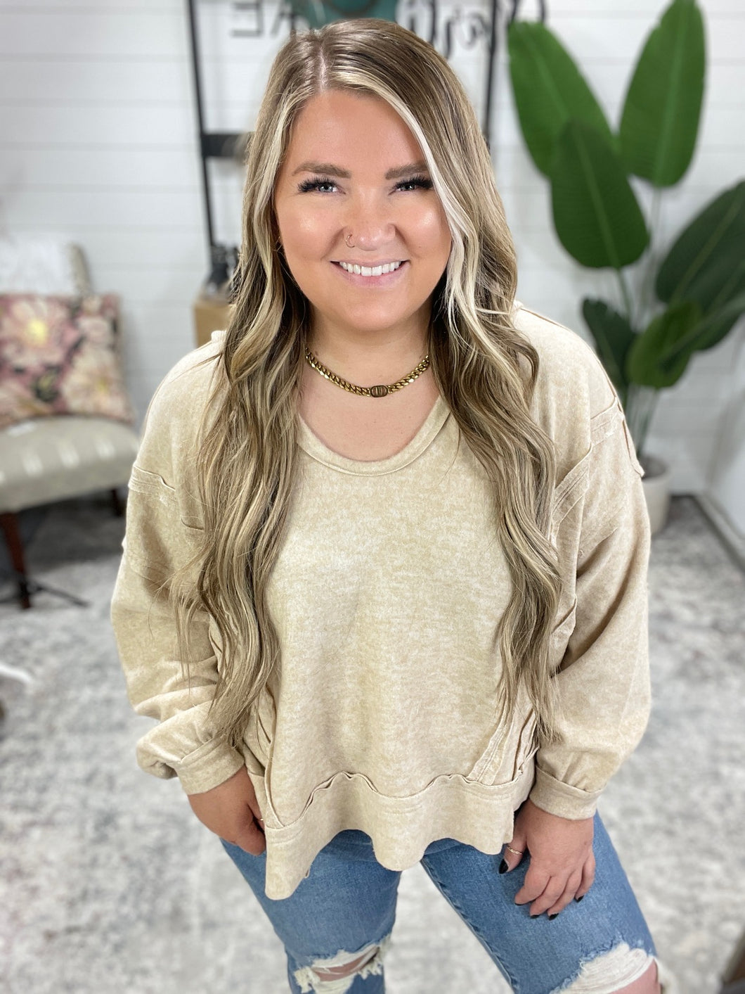 Leave It To Chance Hooded Scoop Neck Pullover in Beige