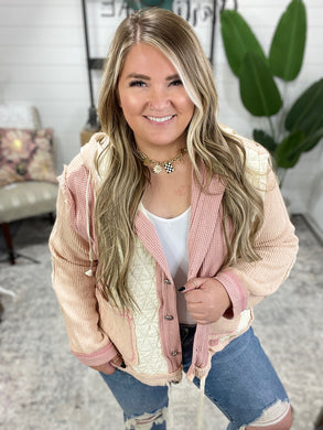 Cut Sew Multi Fabric Hooded Button Down Shacket in Rose Pink