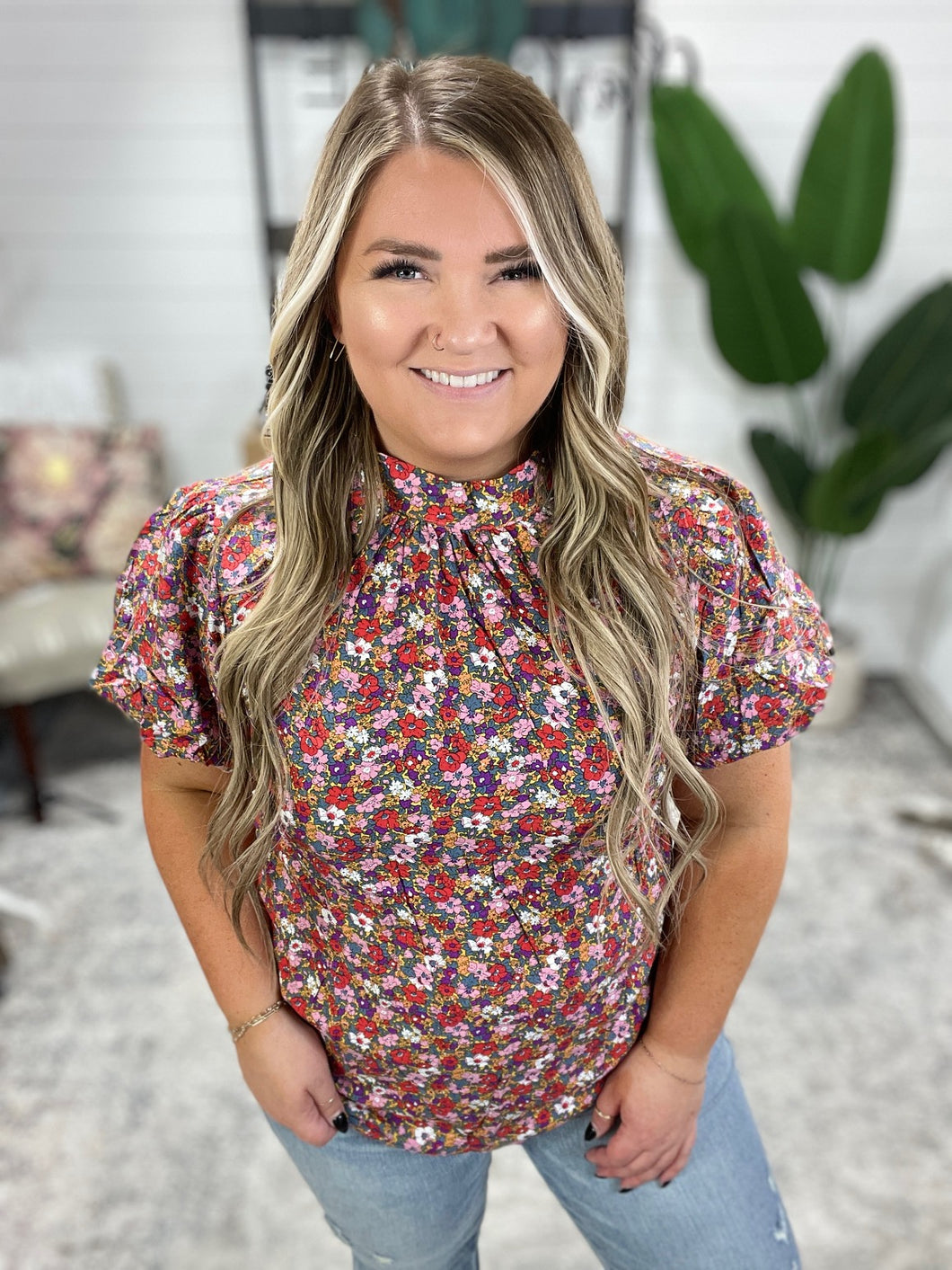 Bohemian Moment Floral Mock Neck Blouse