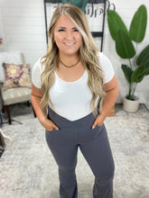 Load image into Gallery viewer, Building Habits Twill Flared Crossover Waist Pant in Titanium