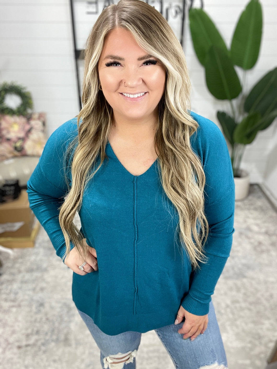 V-Neck Front Seam Sweater in Heather Ocean Teal