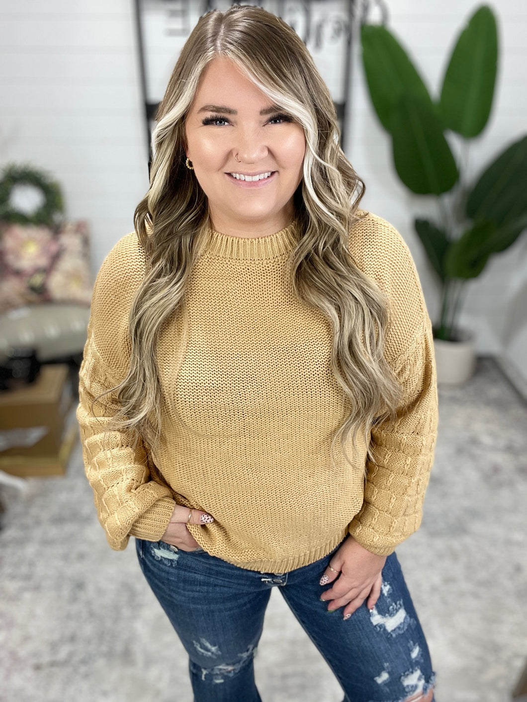 Bubbly Personality Bubble Sleeve Sweater in Wheat