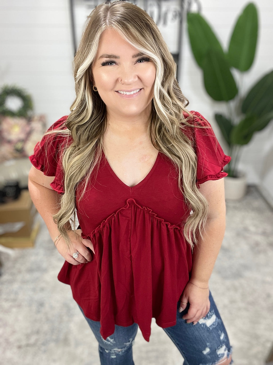 One Day Soon V-Neck Ruffle Detail Top