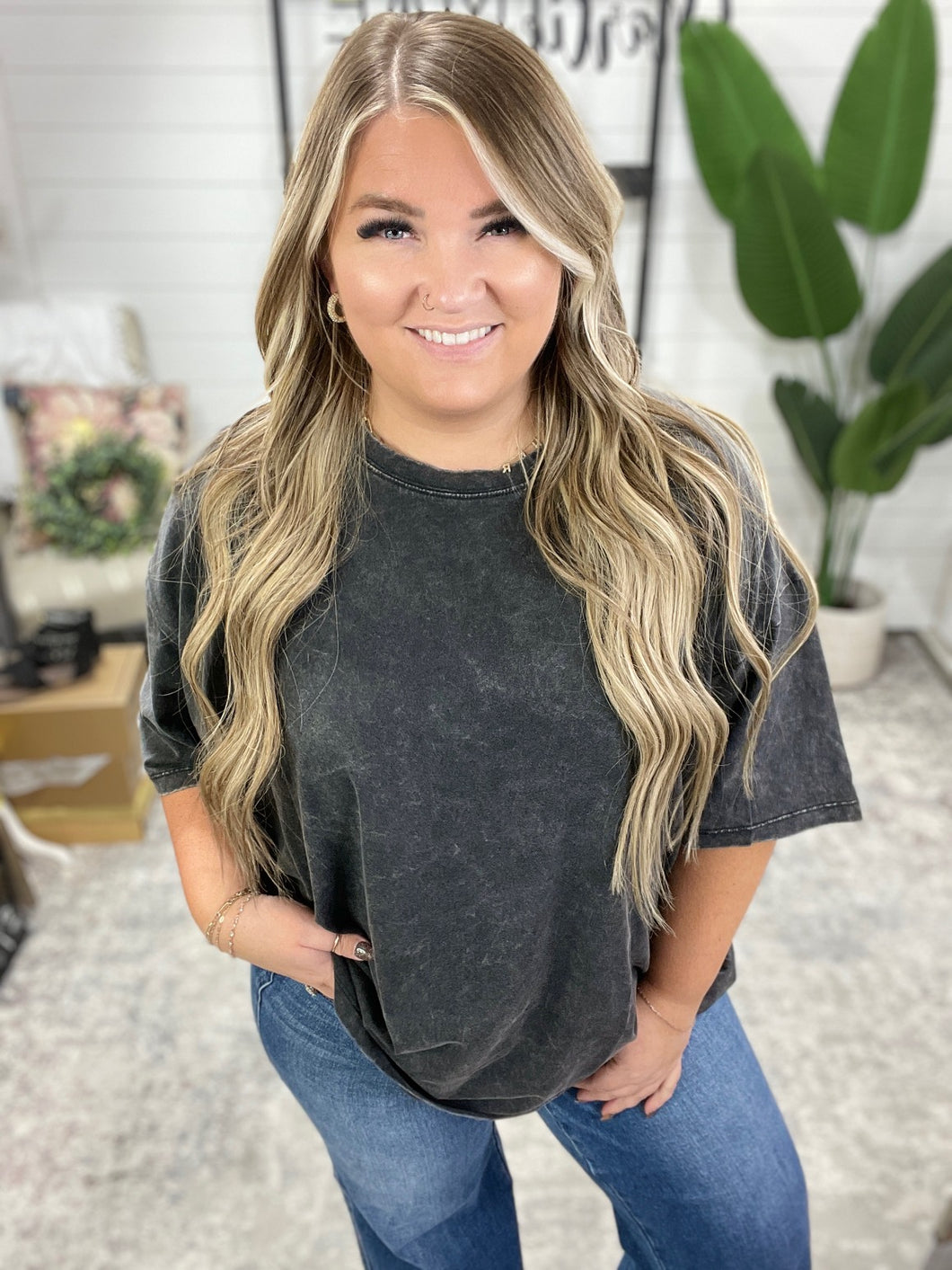 Don't Mind Me Mineral Wash Drop Shoulder Tee in Ash Black