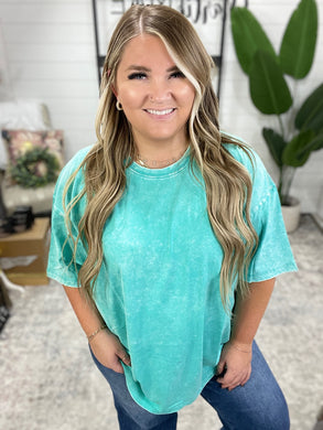 Don't Mind Me Mineral Wash Drop Shoulder Tee in Turquoise
