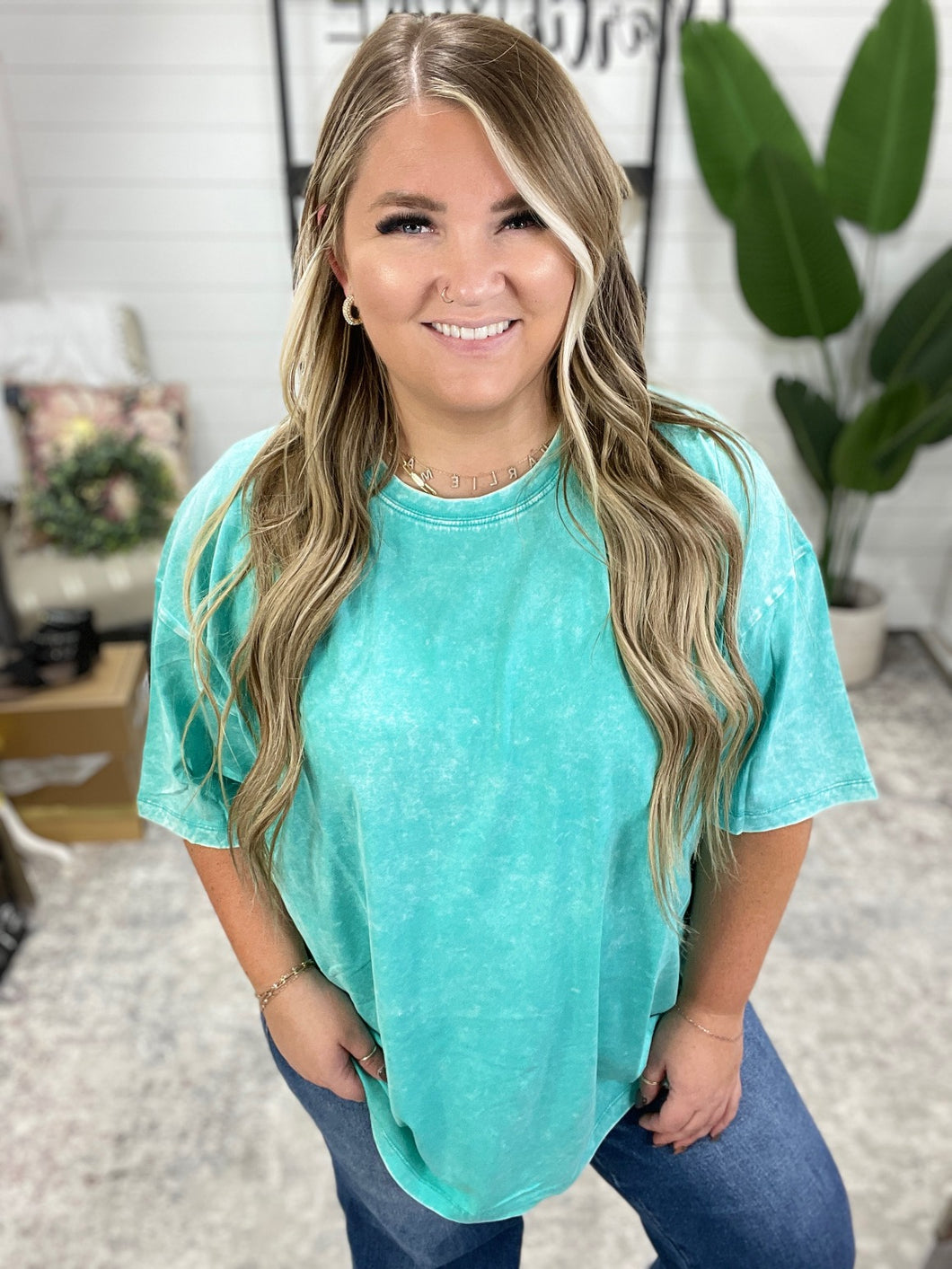 Don't Mind Me Mineral Wash Drop Shoulder Tee in Turquoise