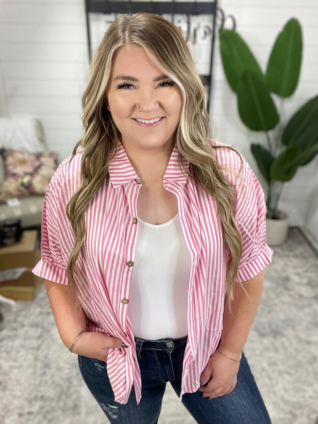 Boxy Striped Button Up in Hot Pink