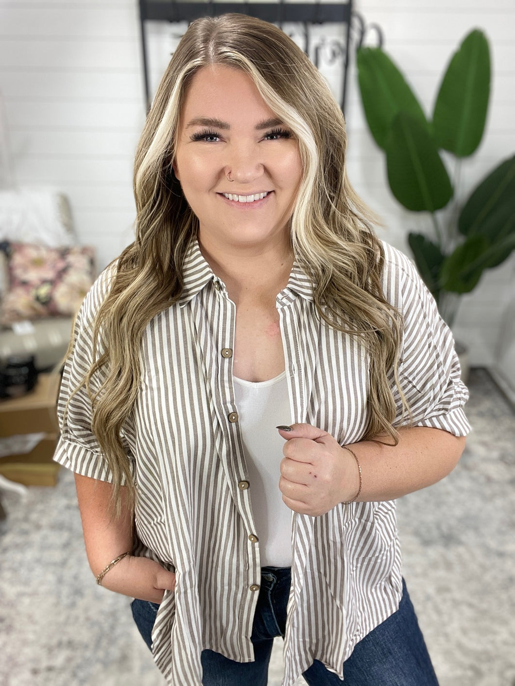 Boxy Striped Button Up in Mocha