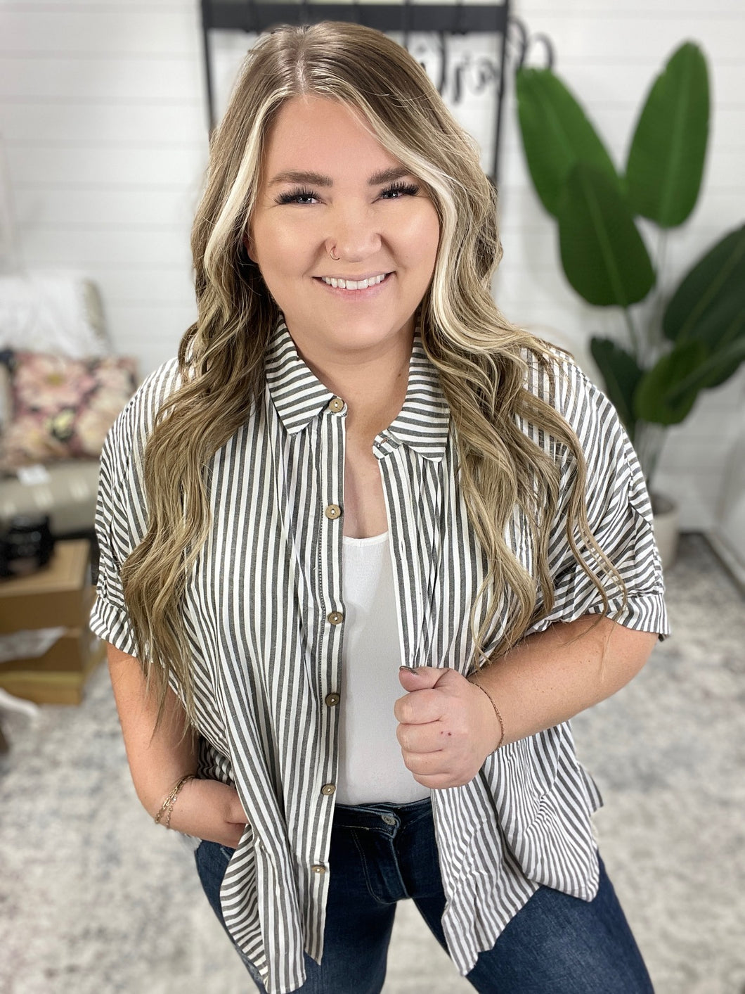 Boxy Striped Button Up in Black