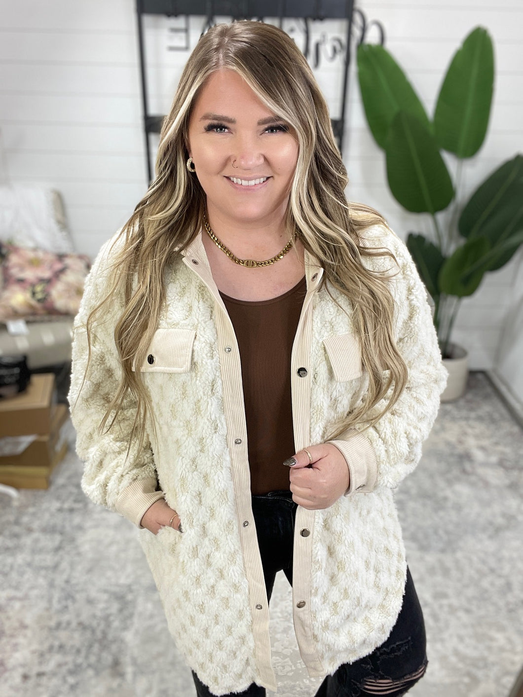 Check Check Cream Fuzzy Snap Button Shacket