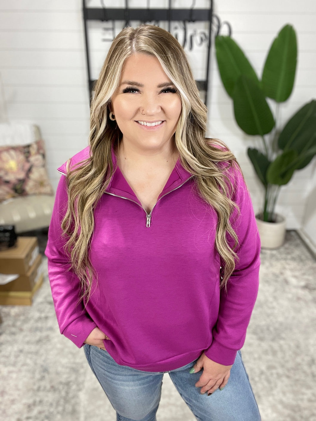 Hamptons Travel Half Zip Pullover in Magenta