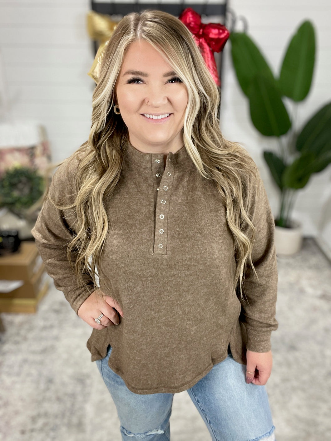 Keeping it Real Brushed Melange Hacci Long Sleeve Tee in Mocha