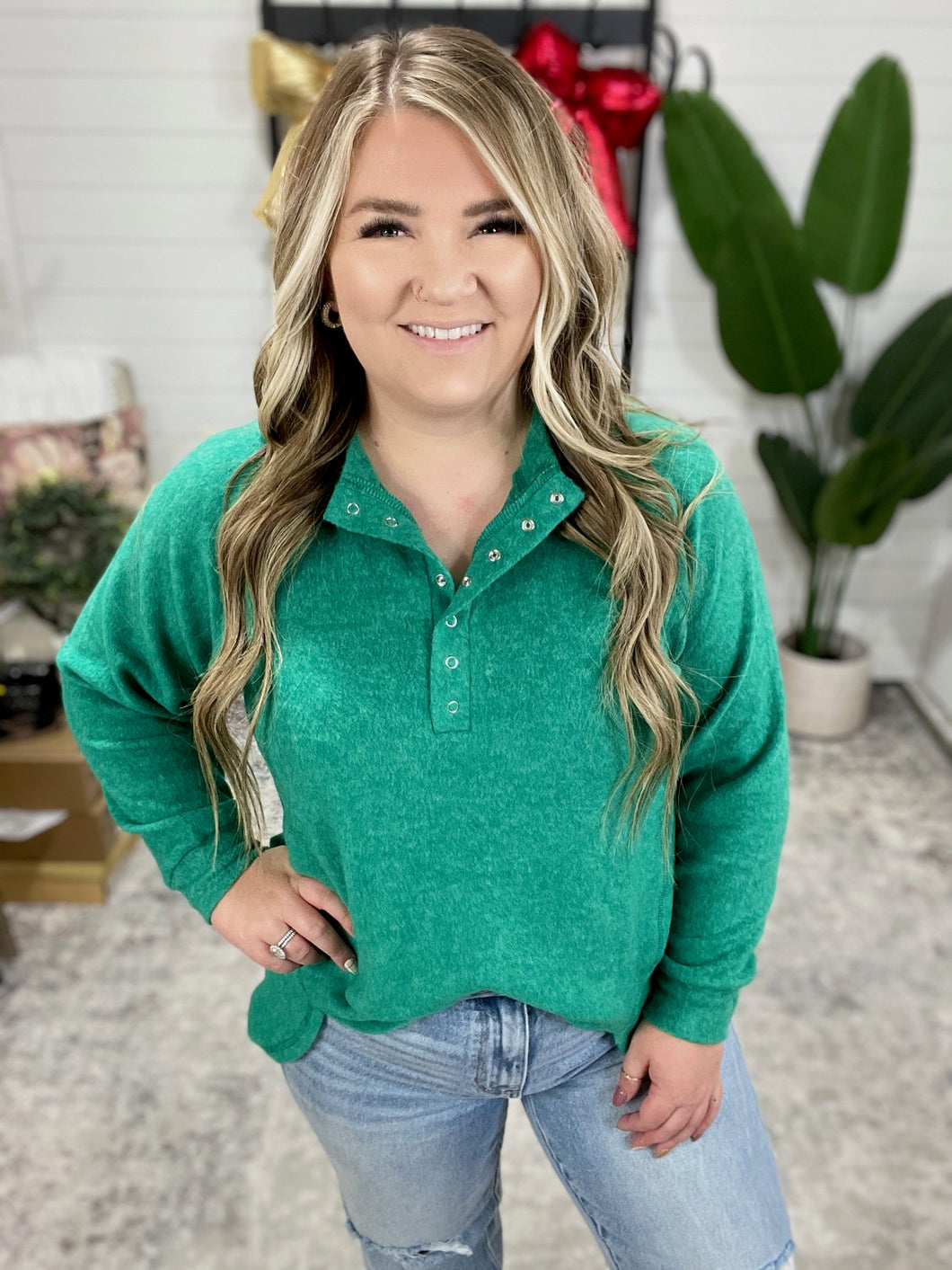 Keeping it Real Brushed Melange Hacci Long Sleeve Tee in Forest