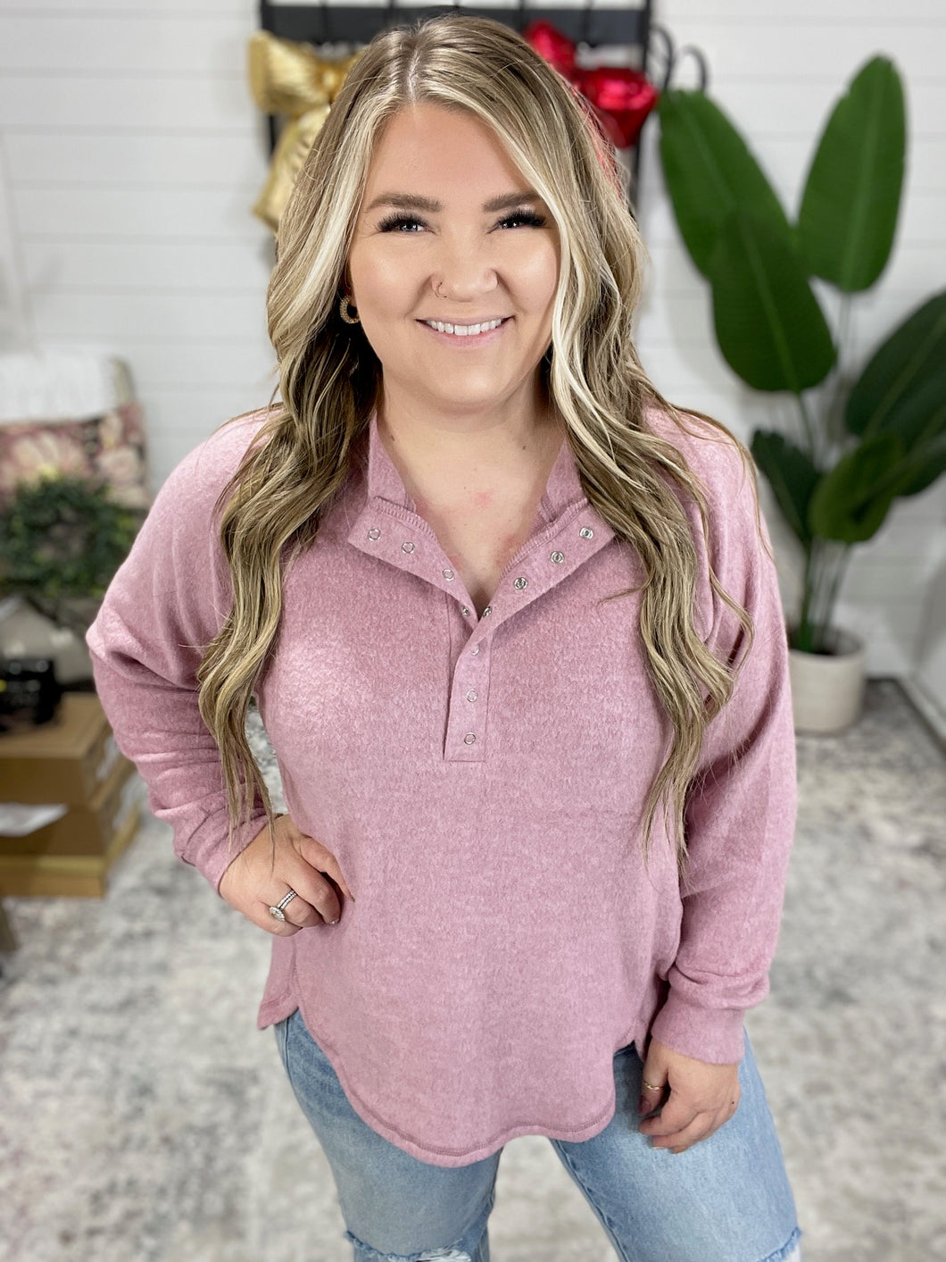 Keeping it Real Brushed Melange Hacci Long Sleeve Tee in Light Rose