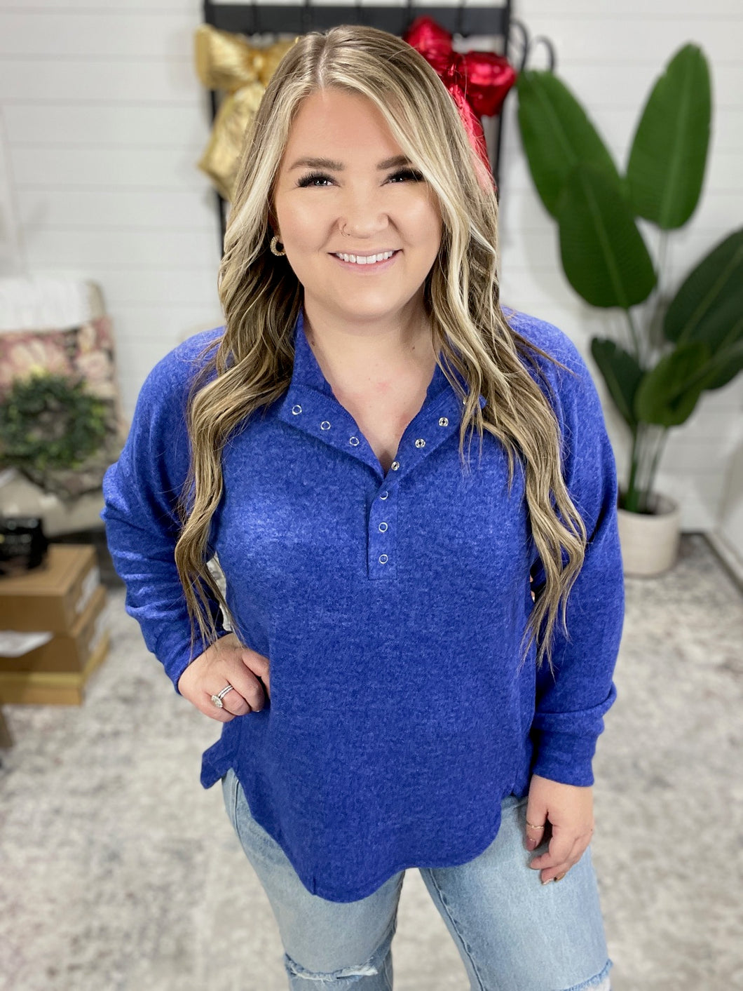 Keeping it Real Brushed Melange Hacci Long Sleeve Tee in Bright Blue