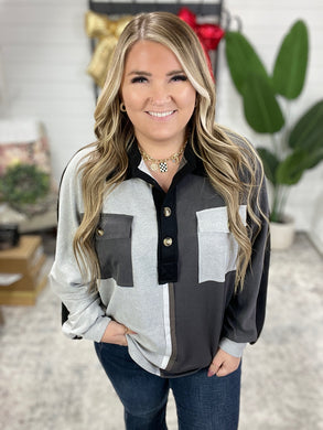 Chip Off the Old Colorblock V-Neck Henley in Grey