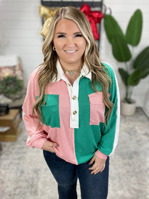 Chip Off the Old Colorblock V-Neck Henley in Green