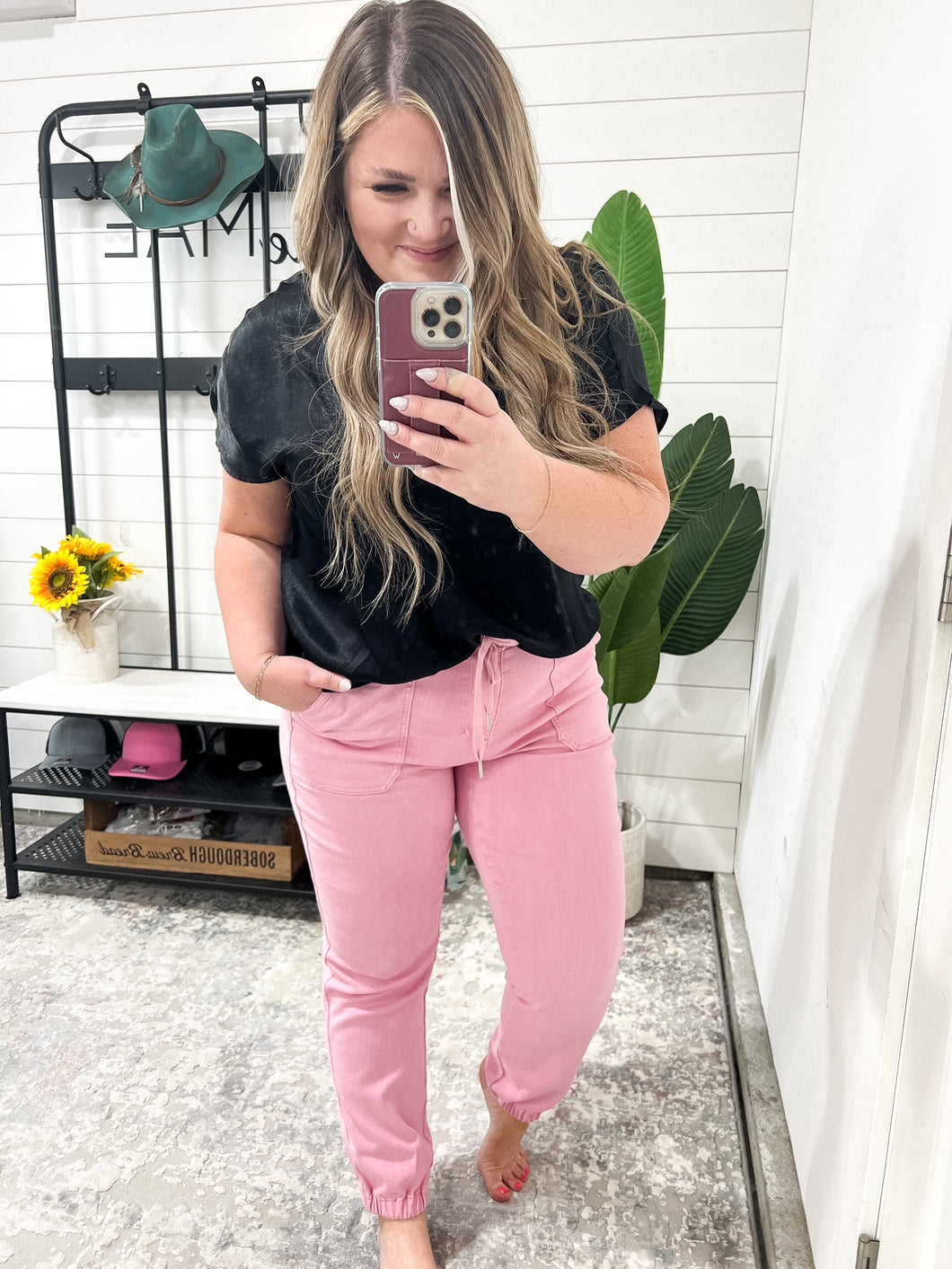 High Rise Garment Dyed Denim Judy Blue Jogger in Pink