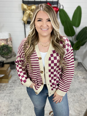 No Brainer Button Down Sweater Knit Cardigan in Magenta/Oatmeal