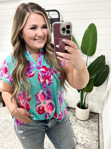 Lizzy Cap Sleeve Top in Hot Pink and Mint Floral