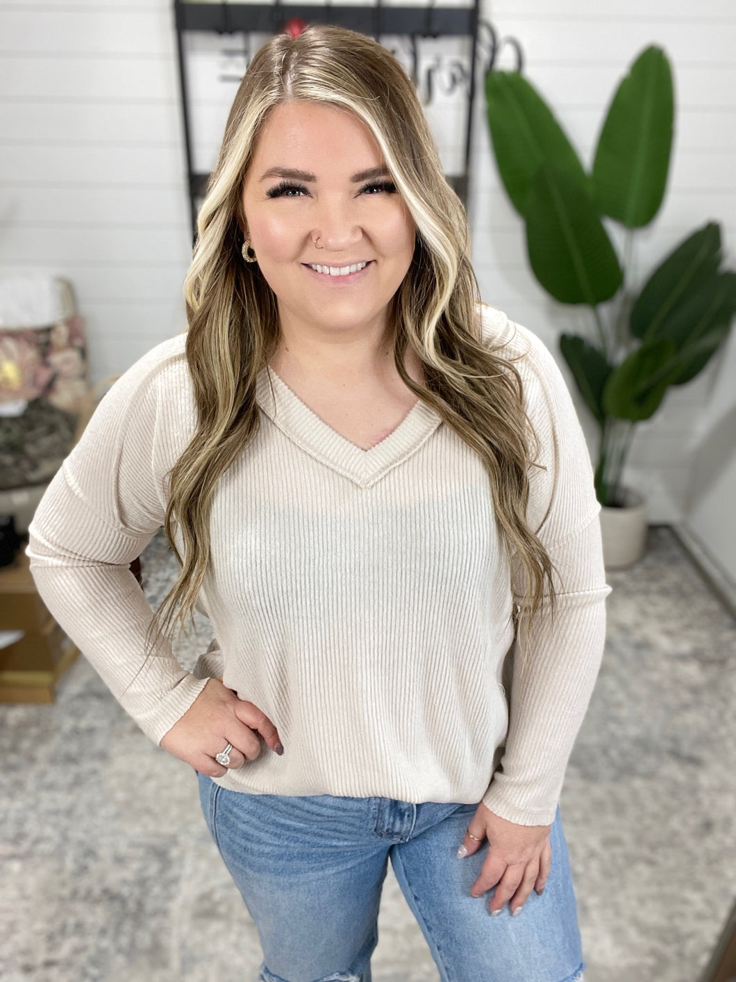 Basically Freezing Brushed Hacci Top in Sand Beige