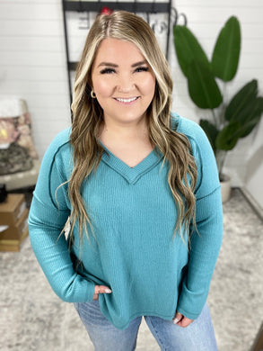 Basically Freezing Brushed Hacci Top in Dusty Teal