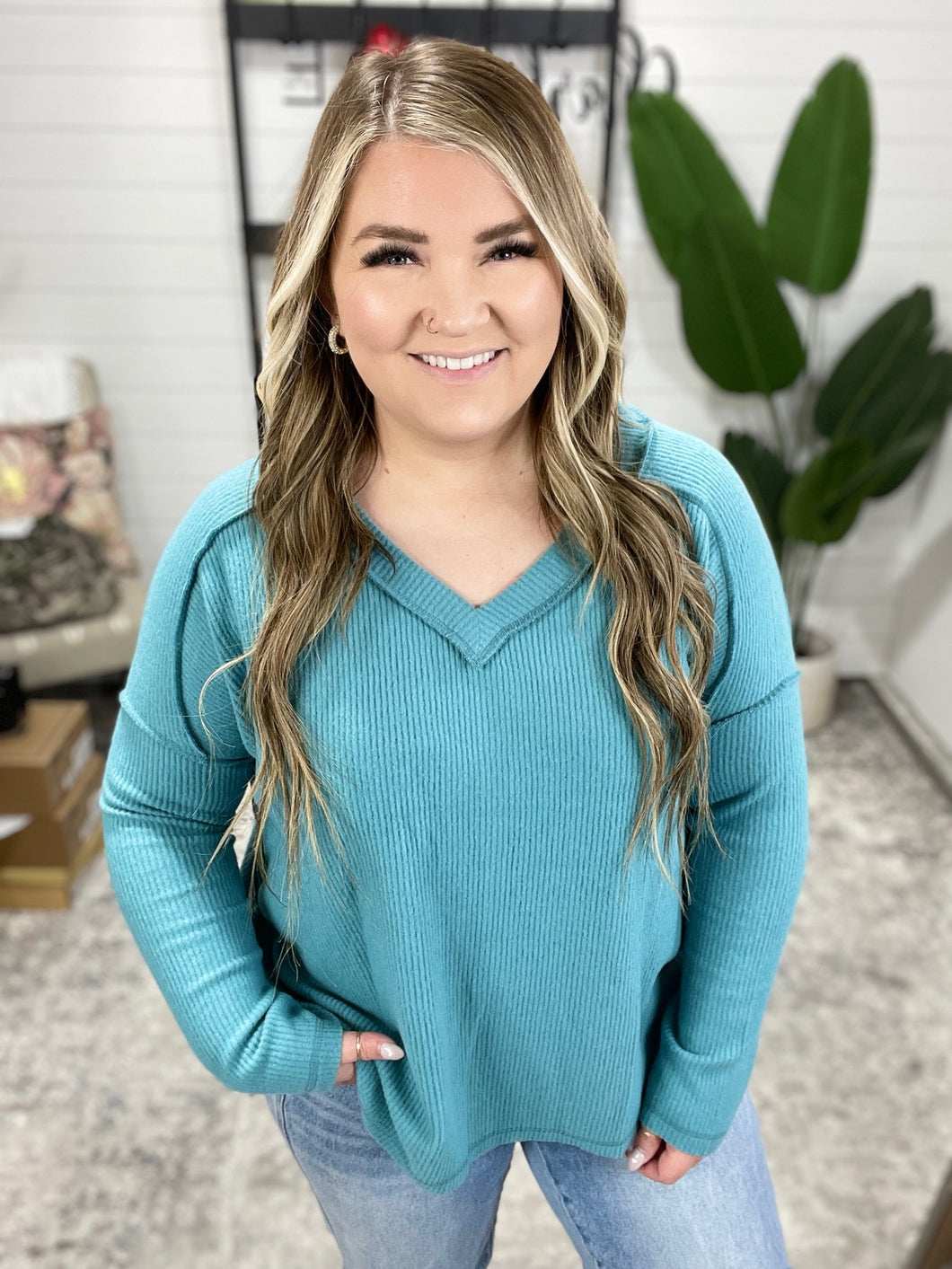 Basically Freezing Brushed Hacci Top in Dusty Teal