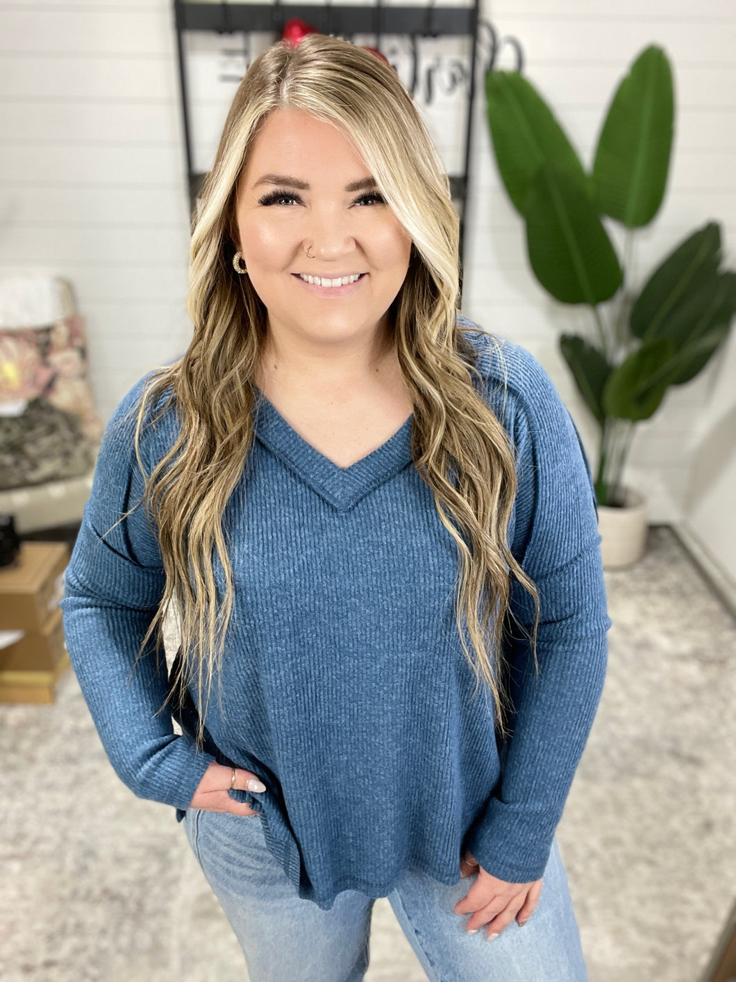 Basically Freezing Brushed Hacci Top in Dusty Blue