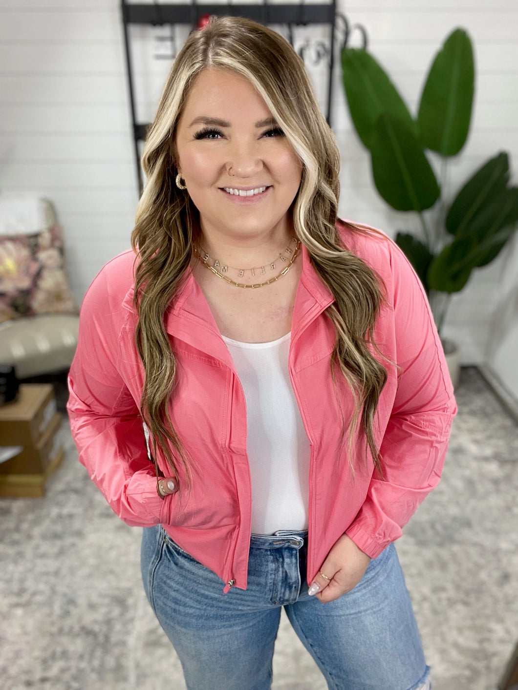 Fit Happens Nylon Tennis Jacket in Coral Rose