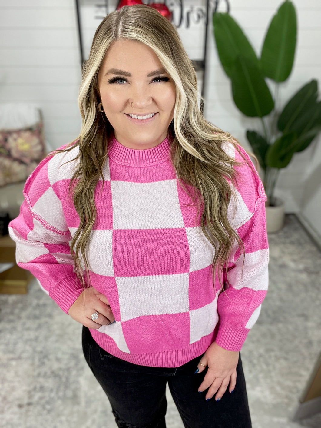 Check Yourself Checkered Sweater in Pink