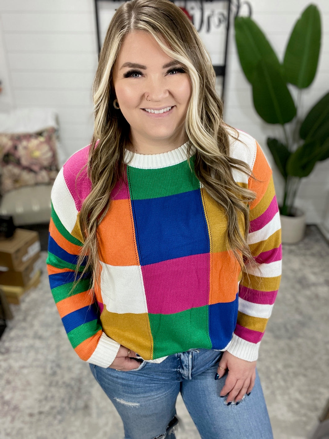 Manifesting Moment Checkered Color Block Sweater