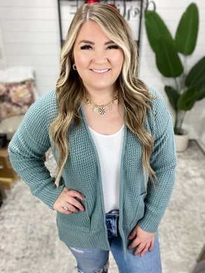 Everything Layer Waffle Knit Open Front Cardigan in Blue Grey