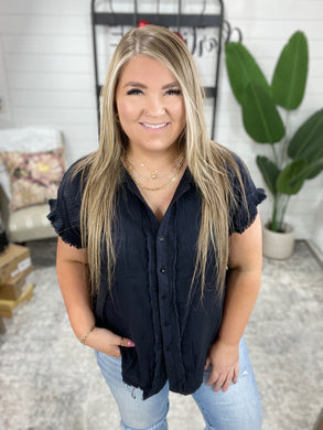 Frayed Hem Collared Neck Short Sleeve Shirt