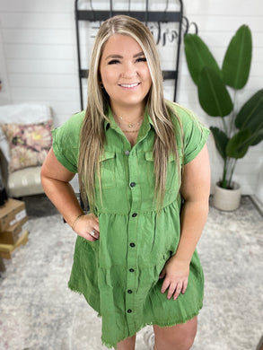 Frayed Hemline Button Down Shirt Dress