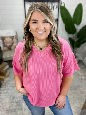 Just a Casual Girly V-Neck Basic Tee in Pink Paradise