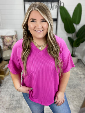 Just a Casual Girly V-Neck Basic Tee in Fuchsia