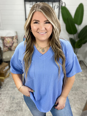 Just a Casual Girly V-Neck Basic Tee in Periwinkle Blue