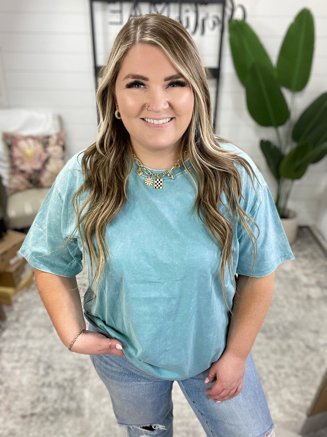 Casual Basic Drop Shoulder Oversized Tee in Dusty Teal