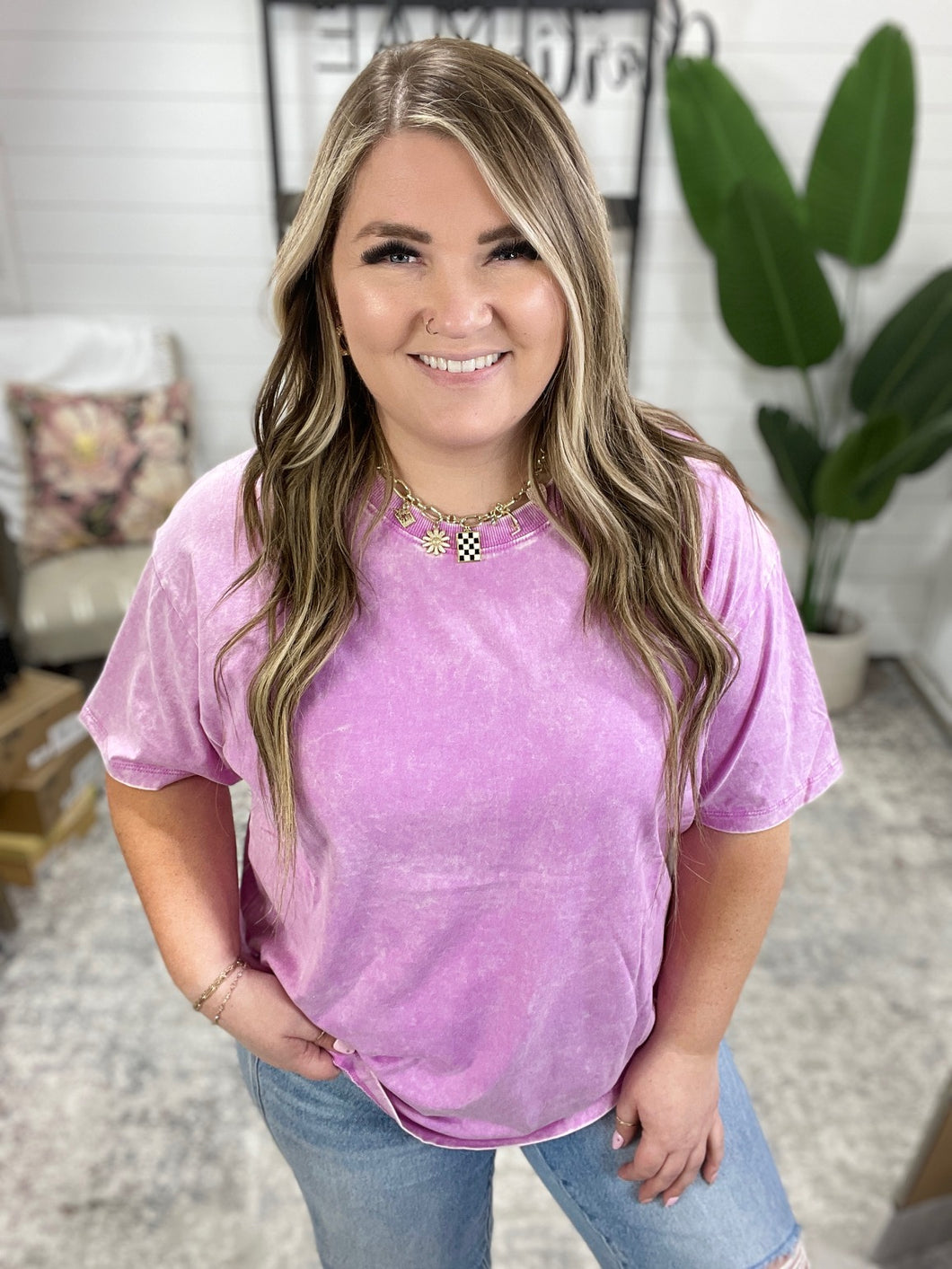 Casual Basic Drop Shoulder Oversized Tee in Bright Mauve