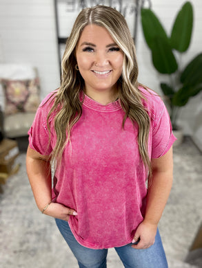 Easy Style Basic Mineral Wash Top in Hot Pink